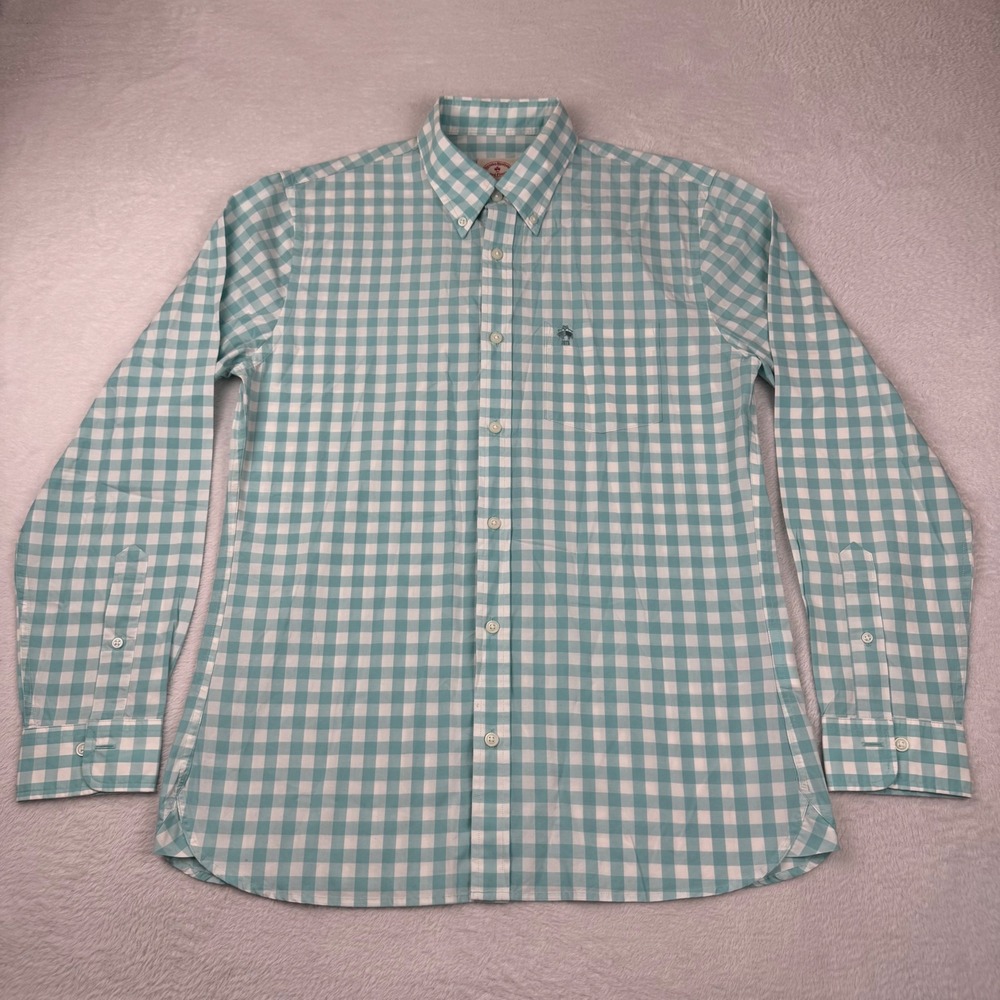 Brooks Brothers Red Fleece Button Down Shirt Mens M Teal Gingham Check Cotton